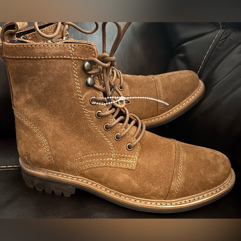 New Frye Russell Mens Side Zip Lace Up Tan Leather Suede Boots Size 10 - Picture 8 of 11